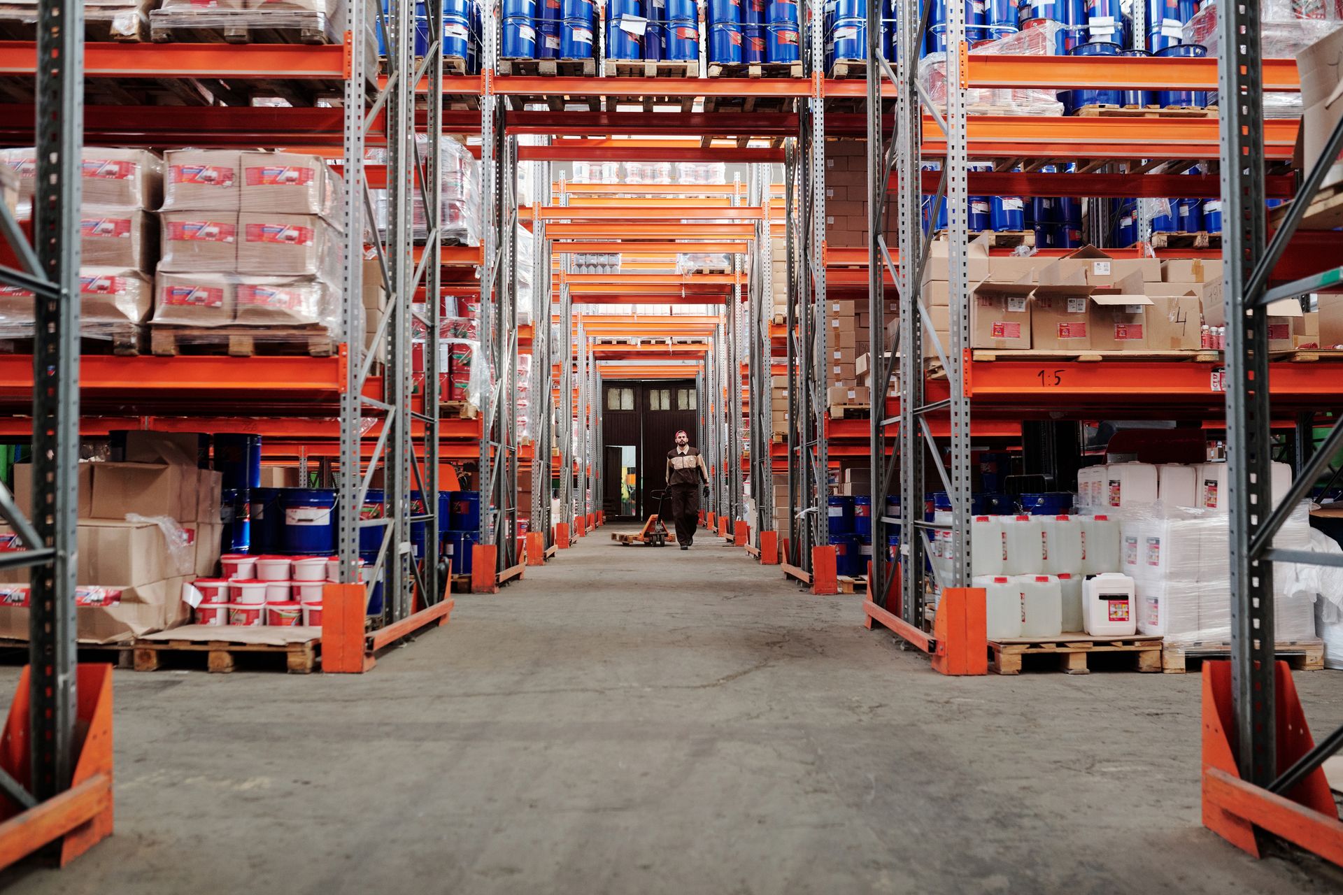 Warehouse with stacked inventory boxes