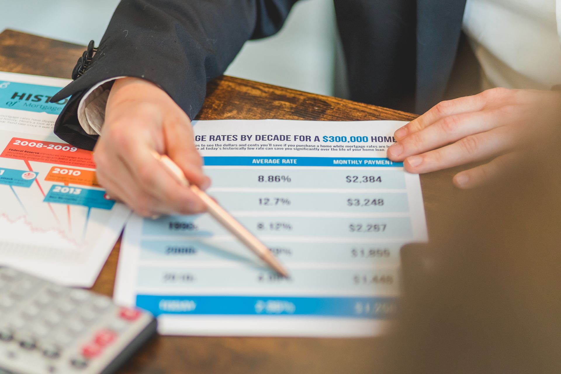 Close-up of hands analyzing mortgage rate documents with a pen and calculator
