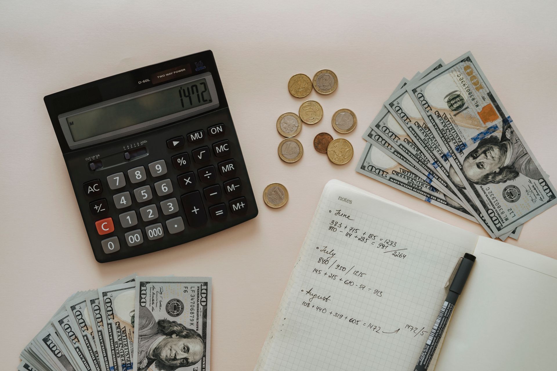 Flat lay of a calculator, cash, coins and handwritten notes for budget planning